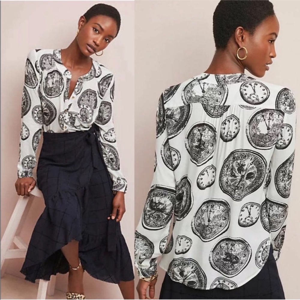 27 of 52 CONVERSATIONS by Anthro | Black & White Colloquial Clock Printed Top 4